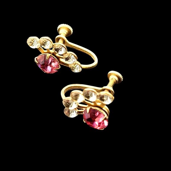Vintage Gold-Tone Screw-Back Rhinestone Fan Earrings Pink & Clear Stones 3/4" - Picture 4 of 4